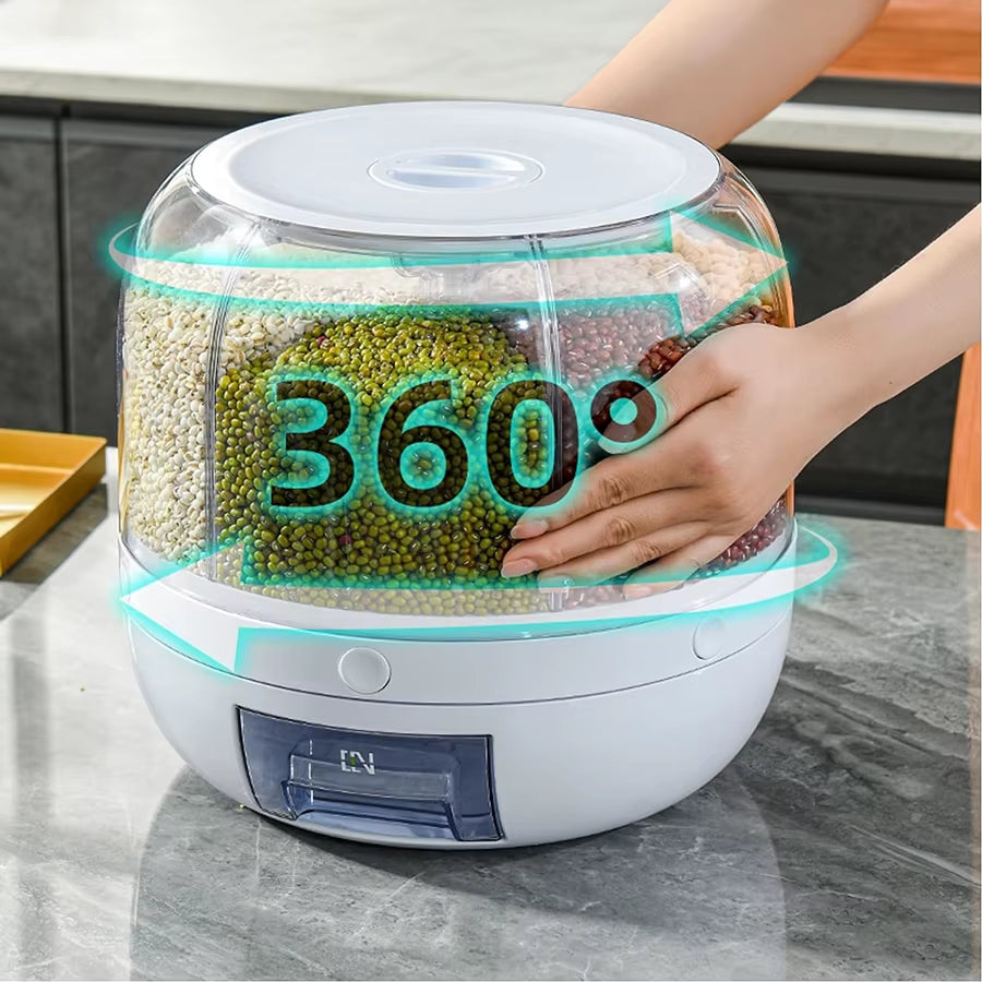 360° Rotating 6-Grid Food Dispenser - Airtight Kitchen Storage Container for Grains, Cereal & Dry Goods