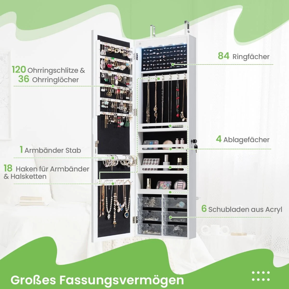 Schmuckschrank Hängend Sipegelschrank Mit Led-Beleuchtung 36,5 X 11,5 X 120 Cm Weiß
