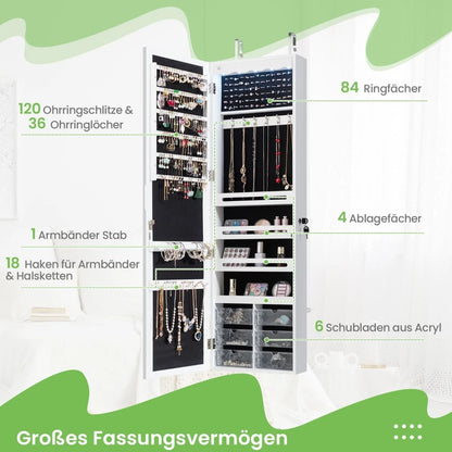Schmuckschrank Hängend Sipegelschrank Mit Led-Beleuchtung 36,5 X 11,5 X 120 Cm Weiß