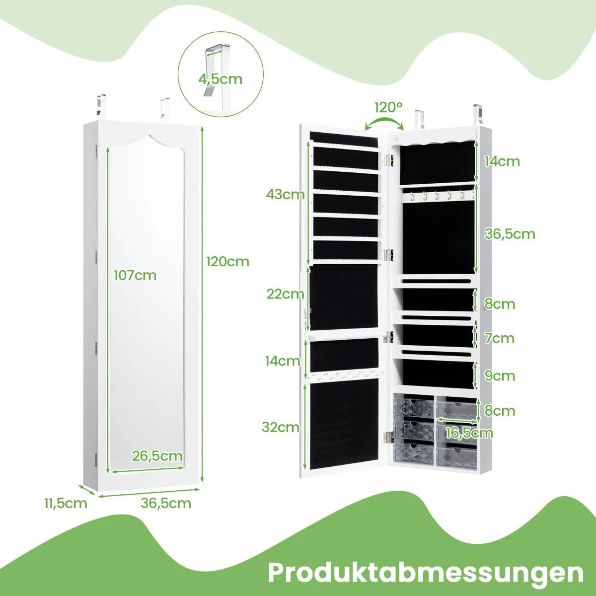 Schmuckschrank Hängend Sipegelschrank Mit Led-Beleuchtung 36,5 X 11,5 X 120 Cm Weiß