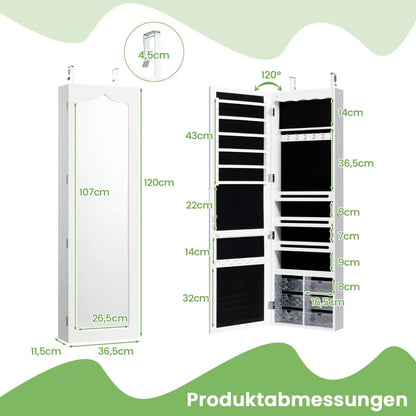 Schmuckschrank Hängend Sipegelschrank Mit Led-Beleuchtung 36,5 X 11,5 X 120 Cm Weiß