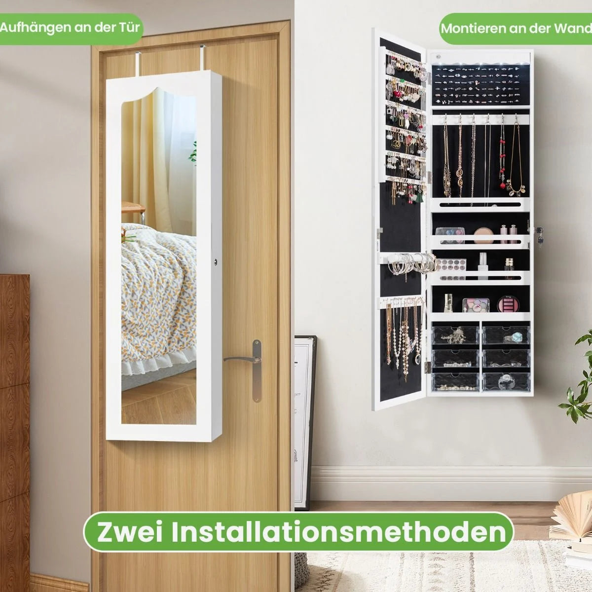Schmuckschrank Hängend Sipegelschrank Mit Led-Beleuchtung 36,5 X 11,5 X 120 Cm Weiß