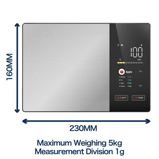 Smart Kitchen Scale Stainless Steel Food Calorie Protein Fat Carbs Nutritional Calculator 11Lb/5Kg Weight for Healthy Cooking