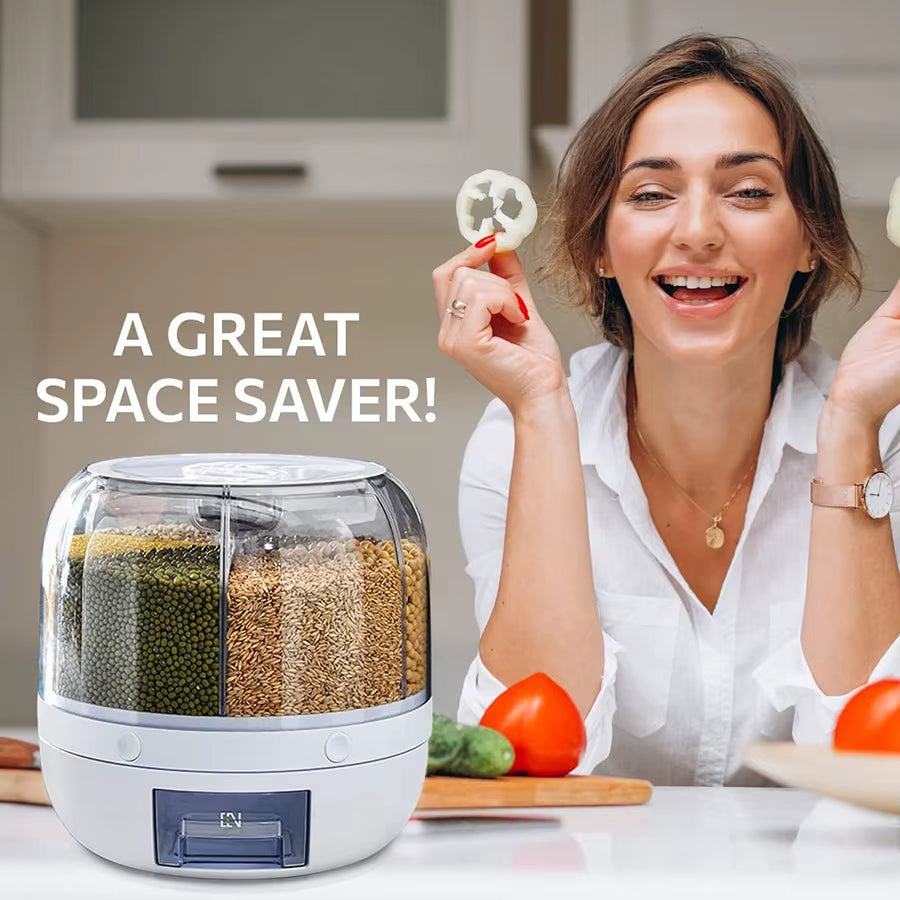 360° Rotating 6-Grid Food Dispenser - Airtight Kitchen Storage Container for Grains, Cereal & Dry Goods